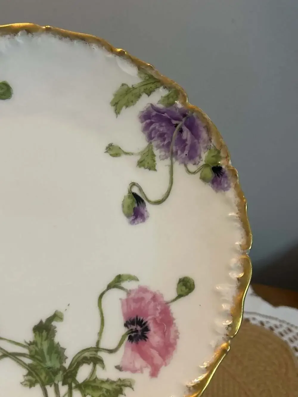 Antique Tressemann & Vogt Limoges Porcelain Plate Pink Purple Poppies Gold Trim